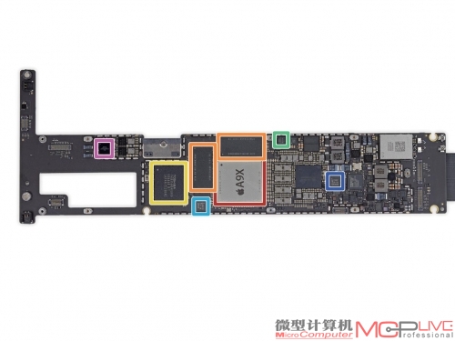 拆除主板后我们可以看到主板包括的组件 红色：苹果APL1021 A9X 64位处理器 橙色：海力士H9HCNNNBTUMLNR-NLH 16 Gb（2GB）LPDDR4内存×2 黄色：东芝THGBX5G8D4KLDXG 32GB闪存 绿色：InvenSense MP67B 6轴陀螺仪和加速计组合 浅蓝色：NXP 65V10 NFC控制器 深蓝色：NXP Semiconductors LPC11U37 ARM Cortex-M0微控制器 粉红色：苹果338S1213音频编解码器